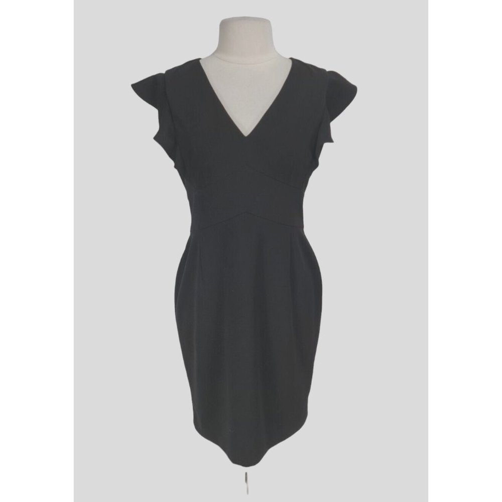 DKNY Womens Sheath Knee Length Dress Size 10 Black Ruffle V-Neck Stretchy  277P
